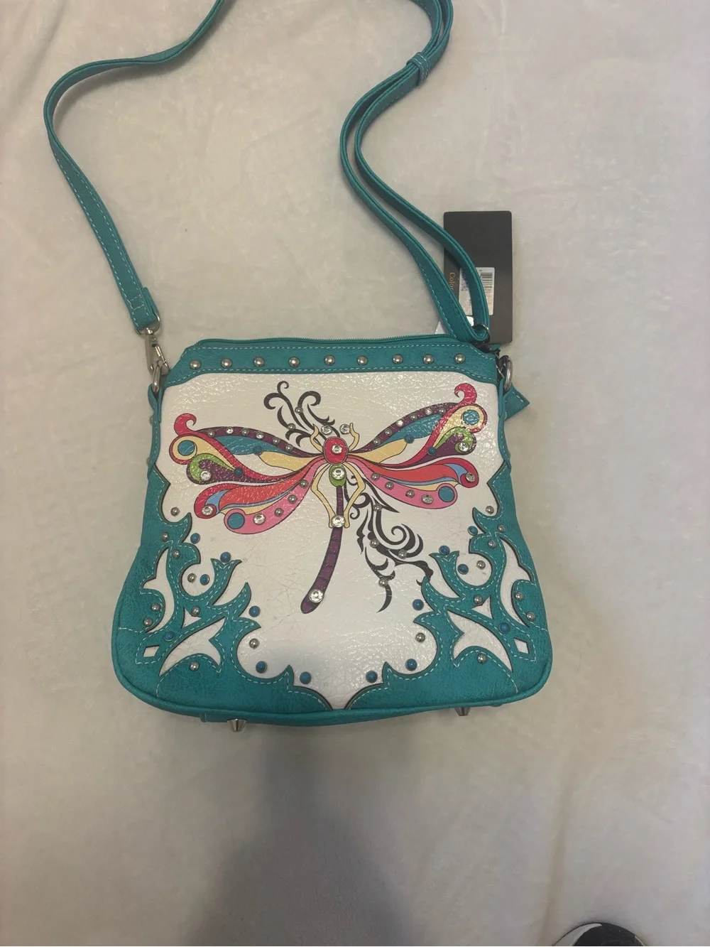 Teal Dragonfly Embroidered Crossbody Bag